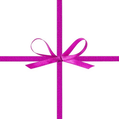 cross thin purple ribbon with bow, isolated on whiteの写真素材