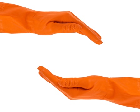 hands in rubber gloves shows protection concept, isolated on whiteの写真素材