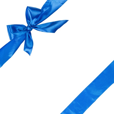 blue ribbon with bow, square composition isolated on white backgroundの写真素材
