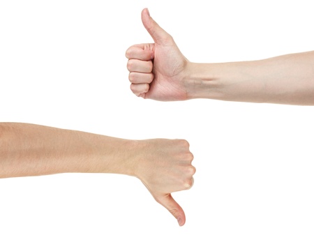 adult man hands shows like and dislike, isolated on whiteの写真素材