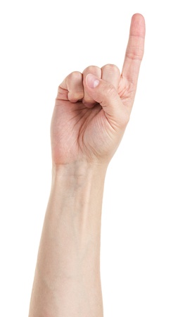 adult man hand pointing up, isolated on whiteの写真素材