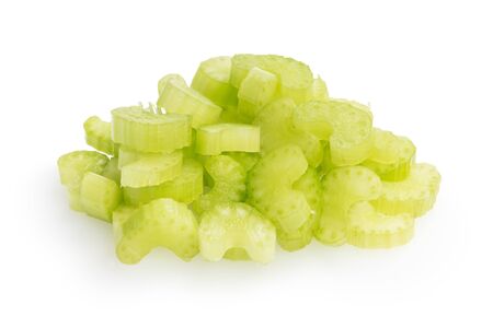 heap of sliced celery, isolated on white backgroundの写真素材