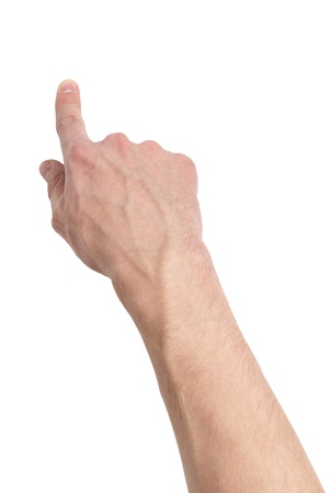 adult male hand touching virtual screen, isolated on whiteの写真素材