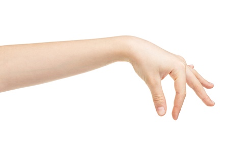 female teen hand holding something, isolated on whiteの写真素材
