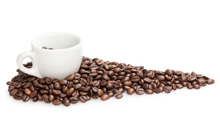 heap of coffee beans with cup, isolated on whiteの写真素材