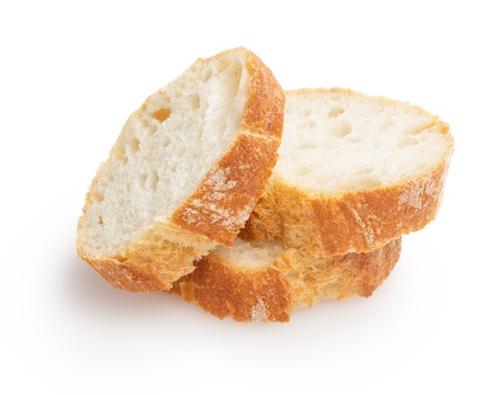 french baguette slices, isolated on white backgroundの写真素材