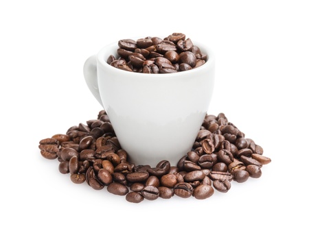 heap of coffee beans in cup, isolated on whiteの写真素材