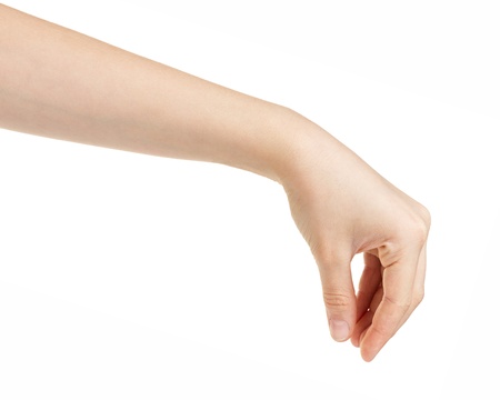 female teen hand holding something from top, isolatedの写真素材