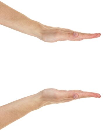adult male hands measuring something, isolated on whiteの写真素材