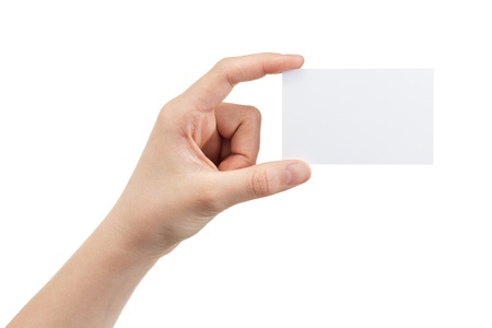 female teen hand holding blank card, isolated on whiteの写真素材