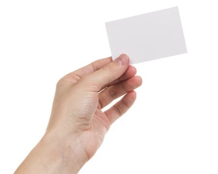 adult man hand holding blank card, isolated on whiteの写真素材