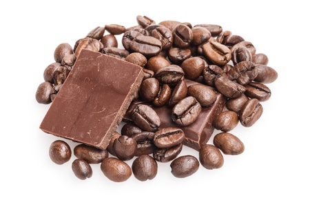 coffee beans and chocolate bars, isolated on whiteの写真素材