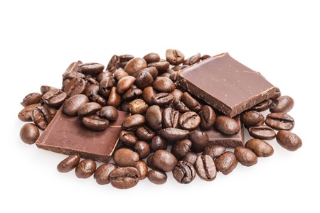 coffee beans and chocolate bars, isolated on whiteの写真素材