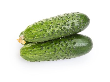 fresh greenhouse cucumbers, isolated on white backgroundの写真素材