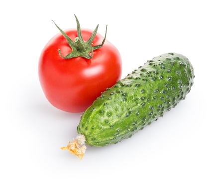 tomato and cucumber, isolated on white backgroundの写真素材