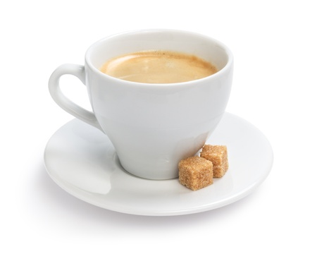 cup of espresso with cane sugar, isolated on white backgroundの写真素材