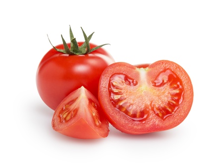 fresh tomatoes one half, isolated on whiteの写真素材
