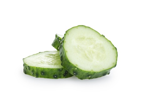 greenhouse cucumber slices, isolated on whiteの写真素材