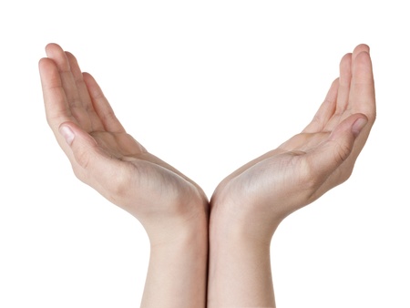 female teen hand showing protection symbol, isolated on whiteの写真素材