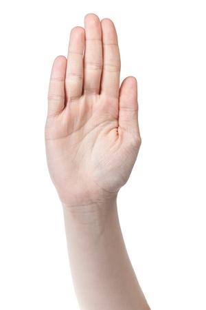 female teen hand up stop sign or asking, isolated on whiteの写真素材
