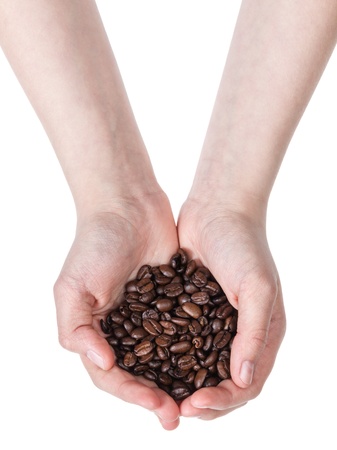 female teen hand holding coffee bean, isolated on whiteの写真素材