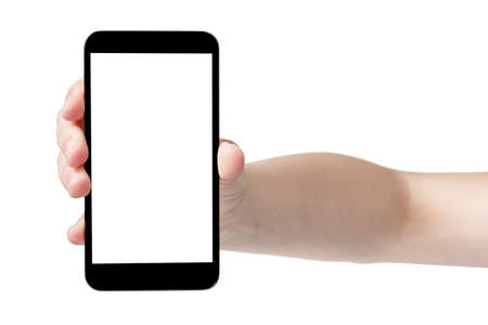 female teen hand showing generic touch device, isolated in white with white screenの写真素材