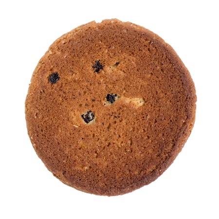 single oat cookie with raisins, isolated on whiteの写真素材