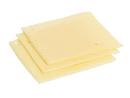 three square slices of edam cheese, isolated on whiteの写真素材