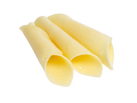 folded slices of edam cheese, isolated on whiteの写真素材