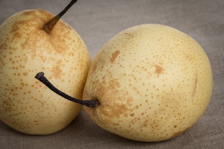 two asian pears on burlap, selective focusの写真素材