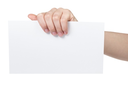 female teen hand holding blank paper sheet, isolated on whiteの写真素材