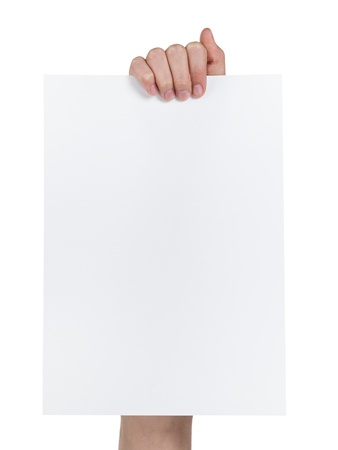 female teen hand holding blank paper a4 sheet, isolated on whiteの写真素材