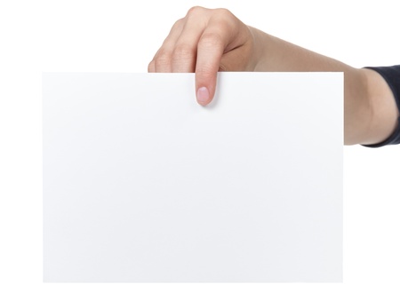 female teen hand holding blank paper a5 sheet, isolated on whiteの写真素材
