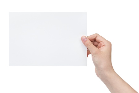 female teen hand holding blank paper a5 sheet, isolated on whiteの写真素材