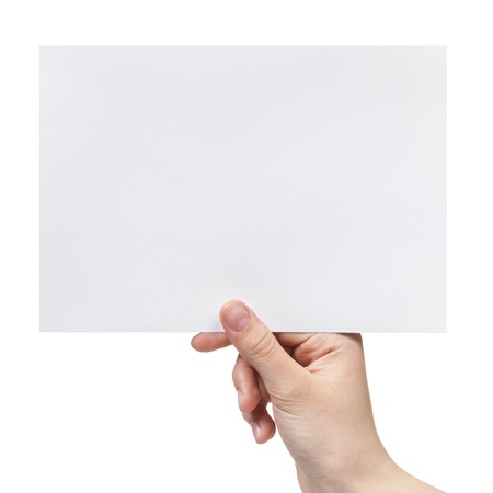 female teen hand holding blank paper a5 sheet, isolated on whiteの写真素材