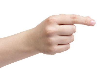 female teen hand to hold paper card, isolated on whiteの写真素材