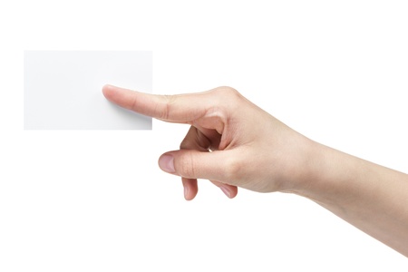 female teen hand holding blank paper card with two fingers, isolated on whiteの写真素材