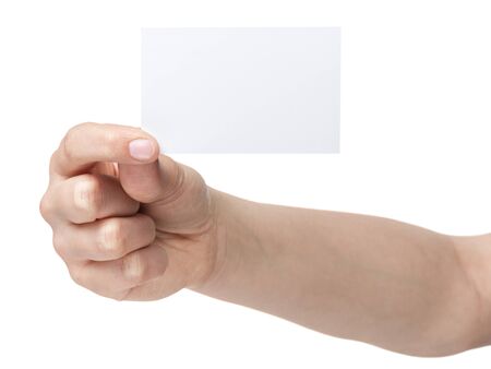 female teen hand holding blank identity card, isolated on whiteの写真素材
