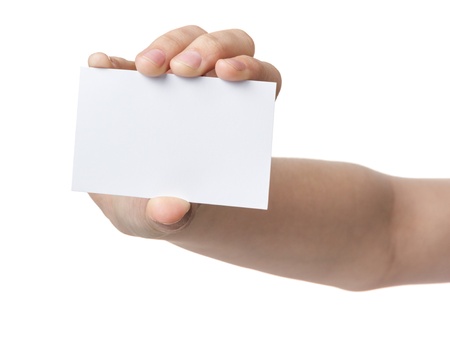 female teen hand holding blank identity card, isolated on whiteの写真素材
