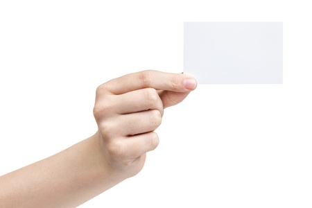 female teen hand holding blank paper card with two fingers, isolated on whiteの写真素材
