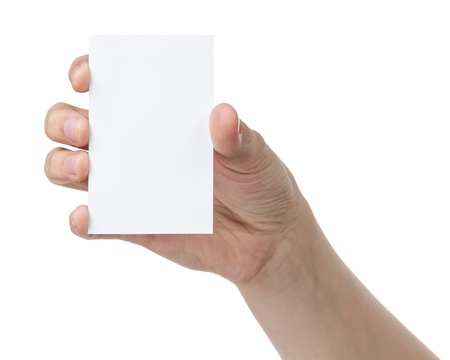 female teen hand holding blank paper card with two fingers, isolated on whiteの写真素材