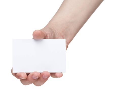 female teen hand holding blank identity card, isolated on whiteの写真素材