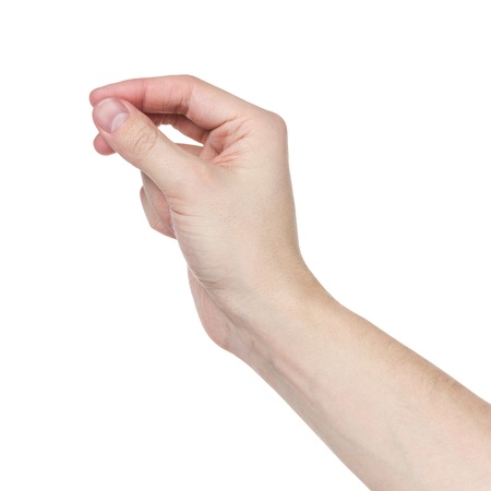 adult man hand to hold something flat, isolated on whiteの写真素材