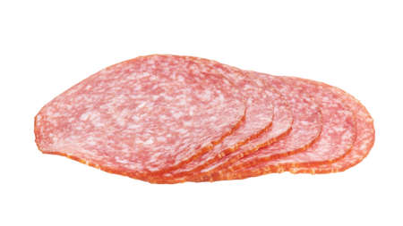 thin salami slices, isolated on white backgroundの写真素材
