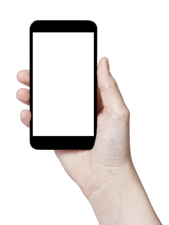 female teen hand holding generic touch device, isolated in white with white screenの写真素材
