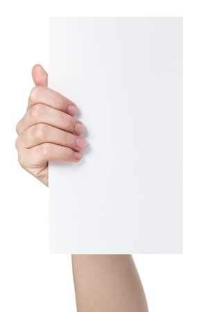 female teen hand holding vertical blank paper sheet, isolated on whiteの写真素材