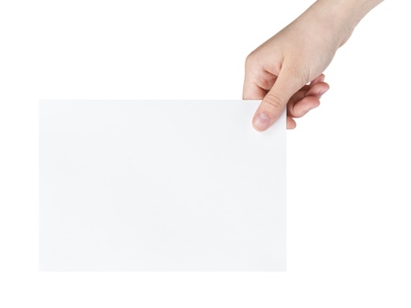 female teen hand showing blank paper sheet., isolated on whiteの写真素材