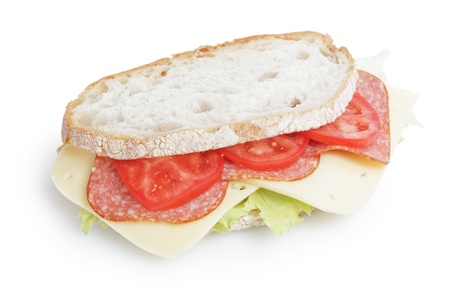big sandwich with salami and cheese on white bread, isolatedの写真素材