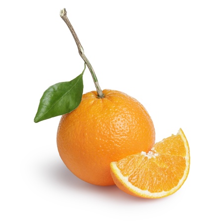 ripe round oranges with section, stem and leaf, isolated on white backgroundの写真素材