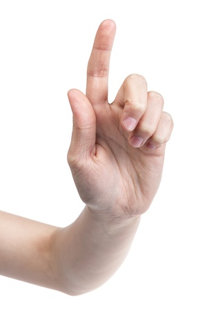 female teen hand touching virtual interface, isolated on whiteの写真素材